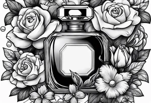 Pearl necklace wrapped around 1950s perfume bottle with flowers and bows surrounding tattoo idea