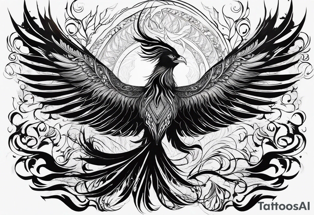 A majestic fire phoenix, rising powerfully with its wings spread wide and feathers flowing, representing rebirth and resilience. The phoenix is detailed with intricate feathers, creating a sense of movement and vitality. The design is bold, with deep shading and texture that adds dimension and intensity to its form. tattoo idea