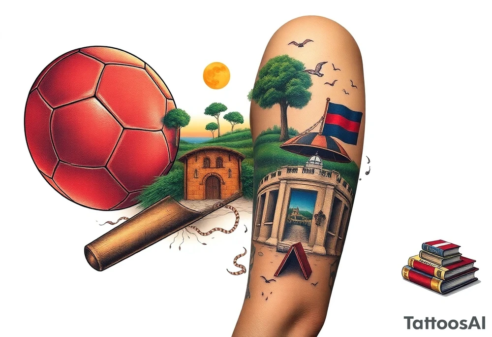 Collage of childhood memories including a football, a cricket bat, Somerset, a sandcastle and a small pile of books. tattoo idea