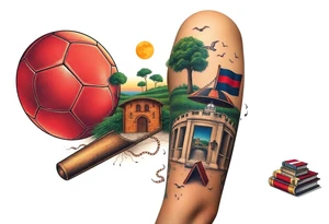 Collage of childhood memories including a football, a cricket bat, Somerset, a sandcastle and a small pile of books. tattoo idea