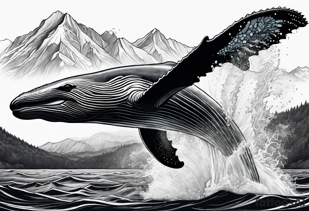 breaching humpback whale with a drawing of the Rocky mountains inside of it's tale tattoo idea