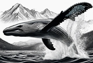 breaching humpback whale with a drawing of the Rocky mountains  inside of it's tale tattoo idea
