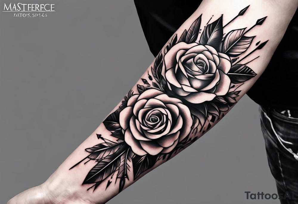 five Indian arrows going through a single rose on a forearm tattoo idea