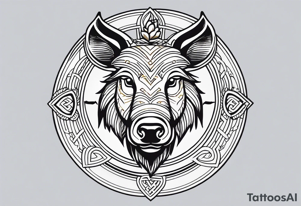 A classic tribal Celtic boar Integrated with a Chatwin, family crest and a Thistle. Simple with few lines. Blue and gold Chevron Chatwin family crest With the name, Chatwin and a Thistle tattoo idea