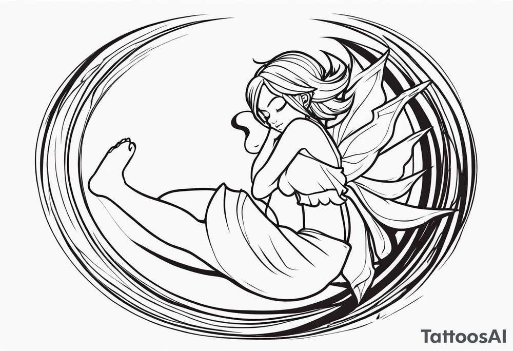 No color fairy with a tail inspired by the logo of the  show called Fairy Tail in a fetal position leaning in and forward while in the air floating and sleeping tattoo idea