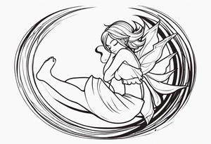 No color fairy with a tail inspired by the logo of the  show called Fairy Tail in a fetal position leaning in and forward while in the air floating and sleeping tattoo idea
