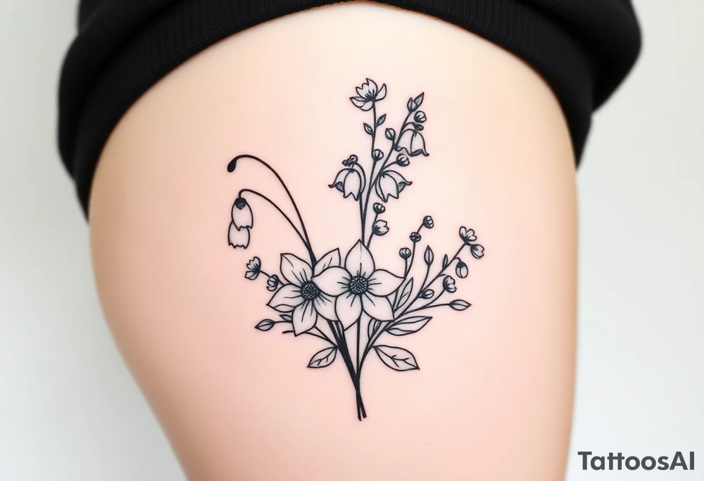 Simple small design in black bunch of flowers 1 lily of the valley 1 daffodil 1 holly 1 larkspur tattoo idea