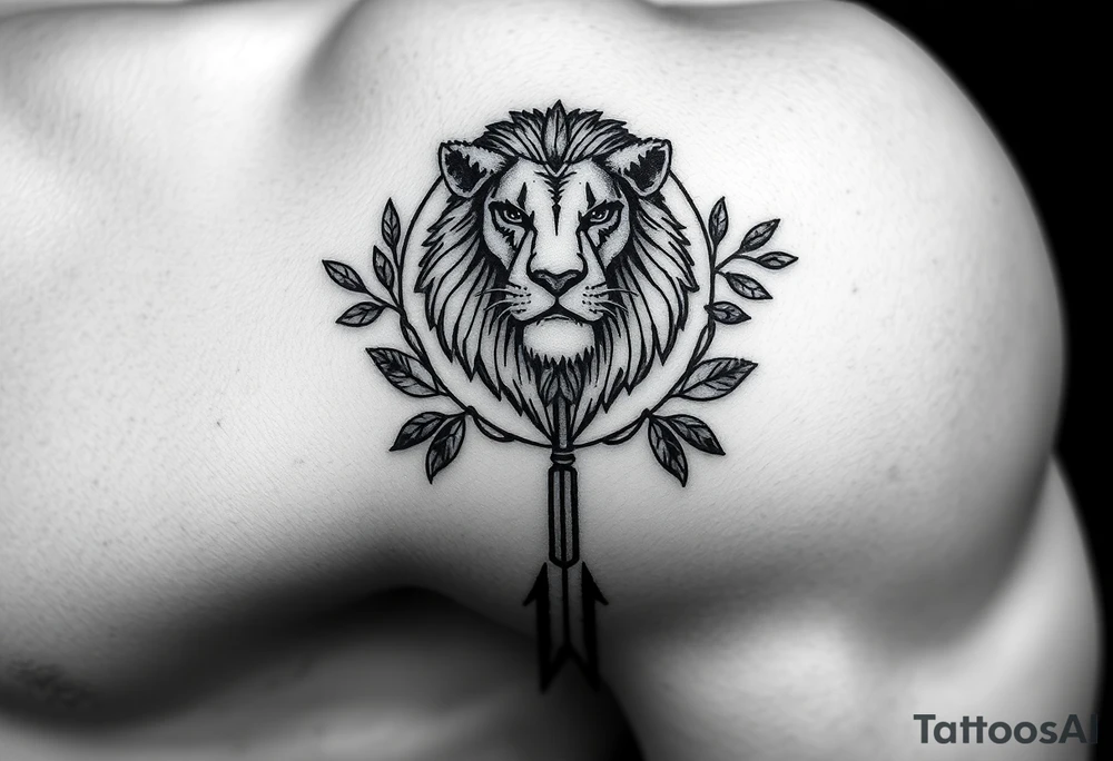 make me a realistic a Leo with an arrow coming out down and two sides surrounded by an olive tree leaf tattoo idea
