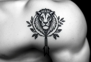 make me a  realistic  a Leo   with an arrow coming out down and two sides surrounded by an olive tree leaf tattoo idea