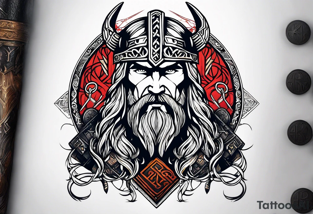 Thor with Viking runes in the background as a vignette tattoo idea