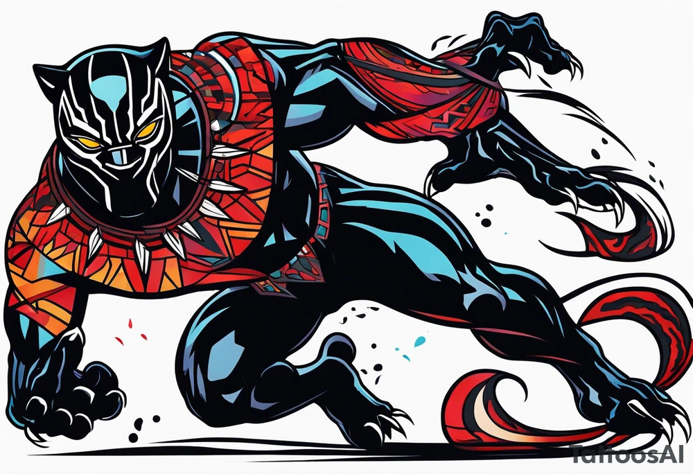 unique black panther tattoo, dynamic pose, showcasing its strength and grace, striking red eyes, intense and captivating elements, artistic flair, blending realism with abstract elements tattoo idea