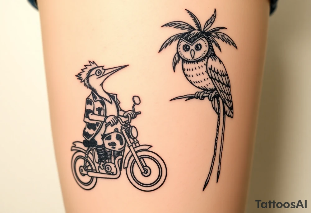Woody the woodpecker wearing a leather vest that says peckerwoods, on a Harley Davidson under a palm tree, gazing in love at a barn owl tattoo idea
