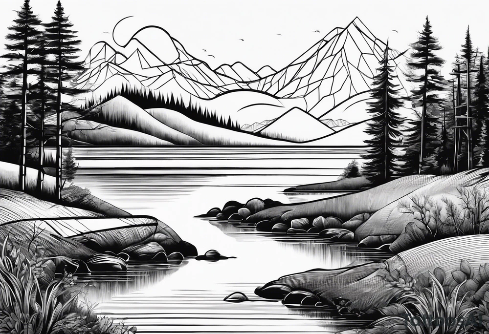 landscape and fishingpole and line with hook tattoo idea