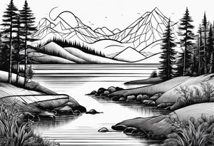 landscape and fishingpole and line with hook tattoo idea