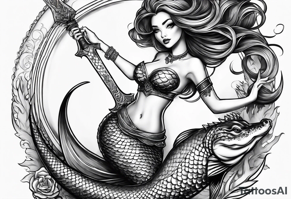 Mermaid with an alligator tail wrapped around a dagger tattoo idea