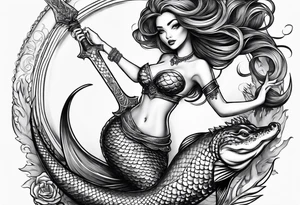 Mermaid with an alligator tail wrapped around a dagger tattoo idea