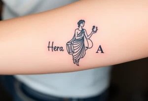 Greek black goddess Hera holding a baby in her right an a Draco with drum in the left hand tattoo idea