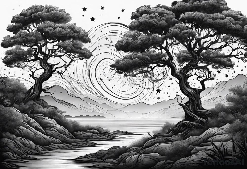 poison tree with no leaves and stars and wind tattoo idea