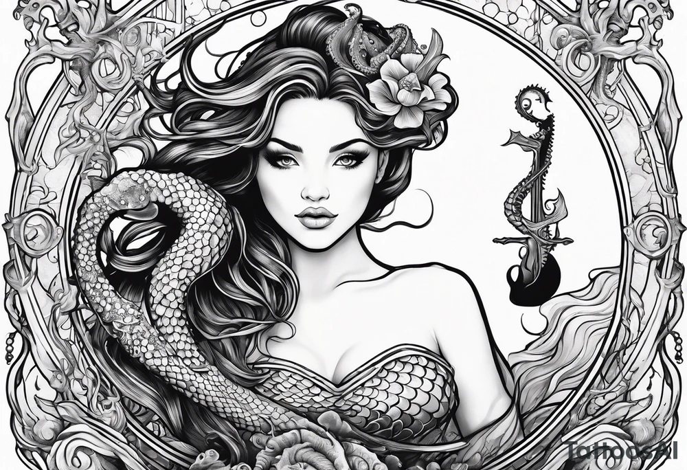 mermaid holding trident side profile, looking at seahorse and shipwreck octopus tentacles tattoo idea