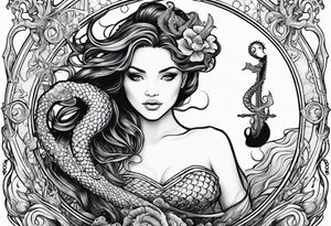 mermaid holding trident side profile, looking at seahorse and shipwreck octopus tentacles tattoo idea