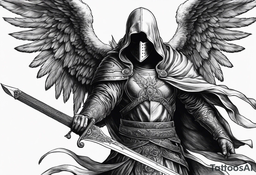 realistic angel of death, man, full body, no face visible, holding one sword, sword pointing downwards tattoo idea