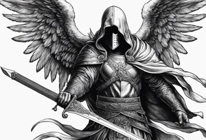 realistic angel of death, man, full body, no face visible, holding one sword, sword pointing downwards tattoo idea