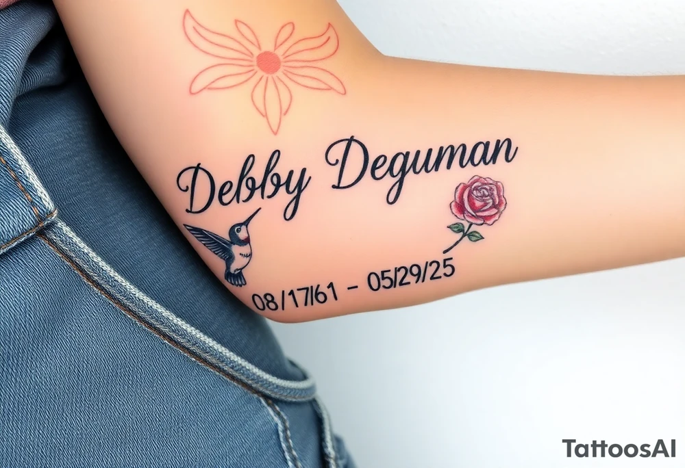Tattoo of the exact name Debby Deguzman in chunky curly cursive with the exact dates of 08/17/61-05/29/25 surrounded by 1 hummingbird and 1 rose tattoo idea