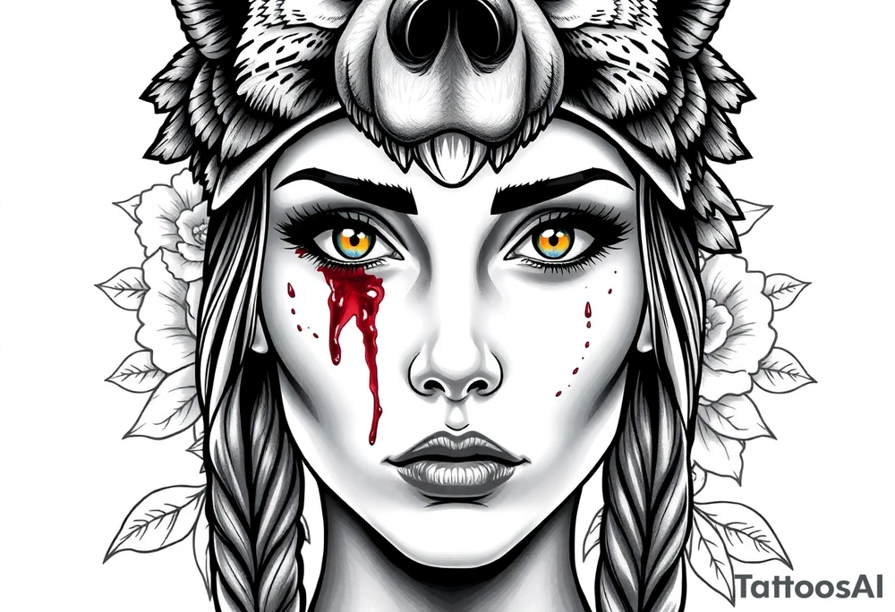 Young Symmetrical Beautiful Woman, looking forward, with colored eyes, shedding a tear, with battle scars and blood on face, with soft look, wearing a mean looking bear headdress on head, with flower background tattoo idea