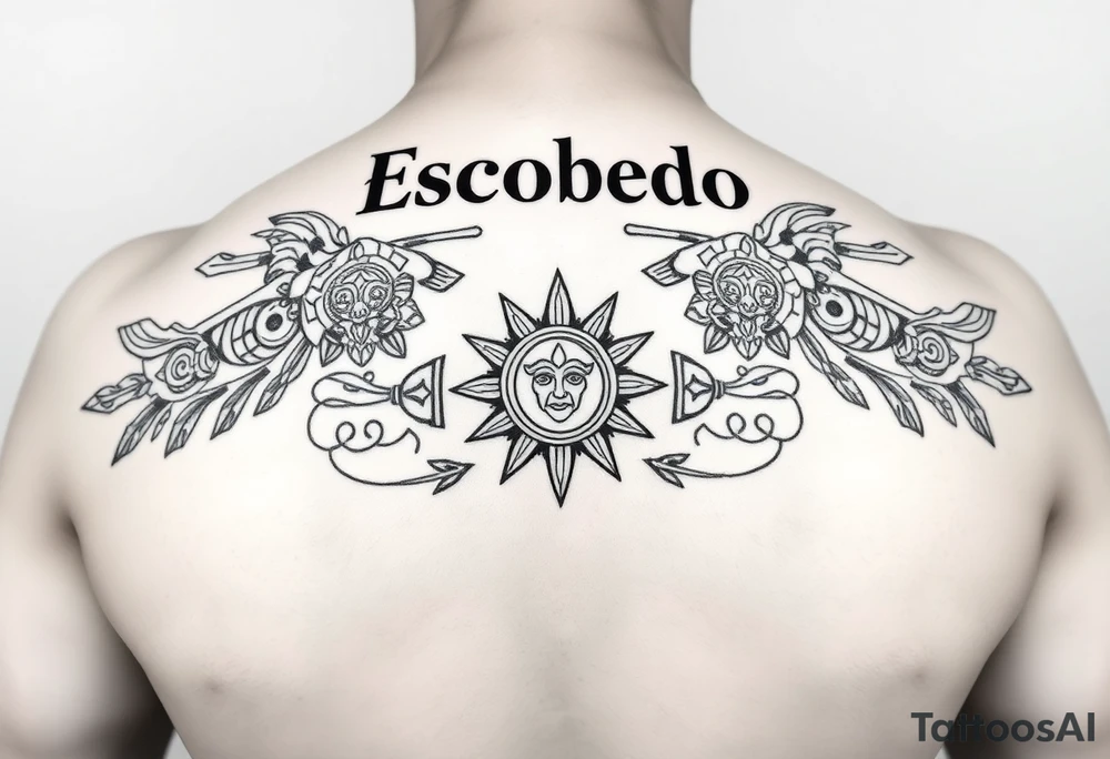"A symmetrical Aztec or Mexican tribal pattern, incorporating geometric shapes, warrior masks, and sun symbols. The design is centered just below the bold 'Escobedo' name across the shoulders, maintaining a balanced and culturally meaningful aesthetic." tattoo idea