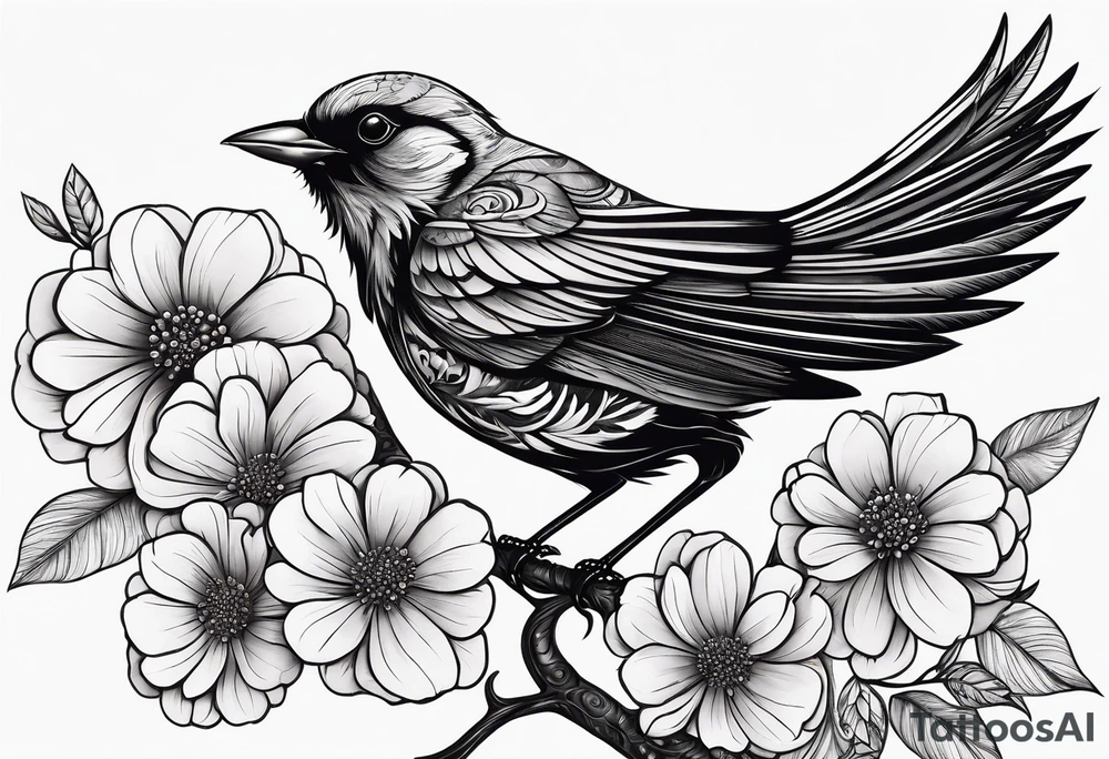 Black bird about to fly on a branch with flowers tattoo idea