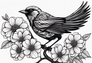 Black bird about to fly on a branch with flowers tattoo idea
