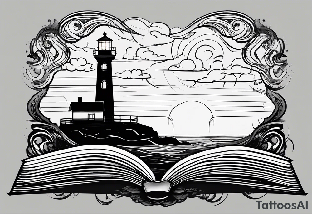 minimalist "open book" with a lighthouse in the middle and a clock and surrounded by storm tattoo idea