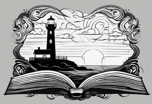 minimalist "open book" with a lighthouse in the middle and a clock and surrounded by storm tattoo idea