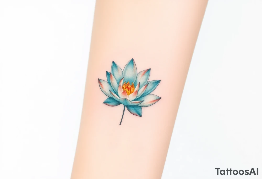 A small water lily tattoo, with light teal and soft peach accents, set in the center of the wrist or ankle, representing personal growth and balance tattoo idea