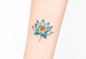 A small water lily tattoo, with light teal and soft peach accents, set in the center of the wrist or ankle, representing personal growth and balance tattoo idea