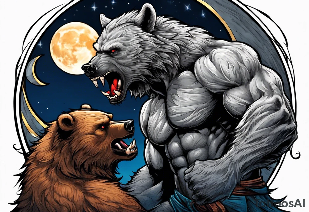 Muscular werewolf and muscular bear fighting under a moon tattoo idea