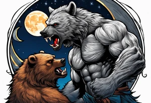 Muscular werewolf and muscular bear fighting under a moon tattoo idea