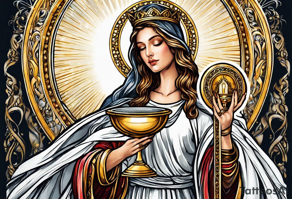 holy saint woman turned away with golden halo holding a chalice tattoo idea
