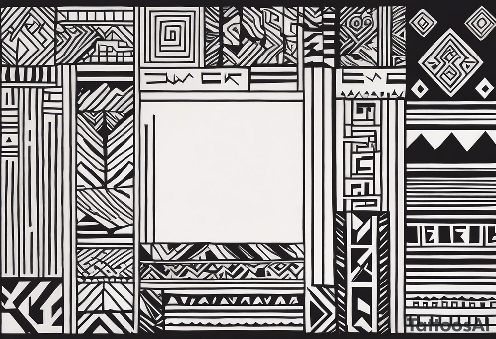 Create a tattoo design in a linear geometric art style depicting images associated with Peru, such as Machu Picchu, llamas or traditional textile patterns. The tattoo should be done in a monochromatic black and white color scheme with clear outlines and minimal details to create an elegant and modern composition. tattoo idea