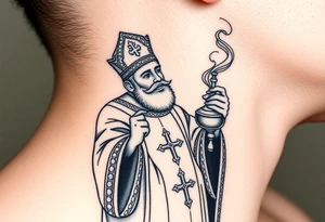 Russian Orthodox Priest in a fully detailed gold vestment swinging a censer with smoke curling upward tattoo idea