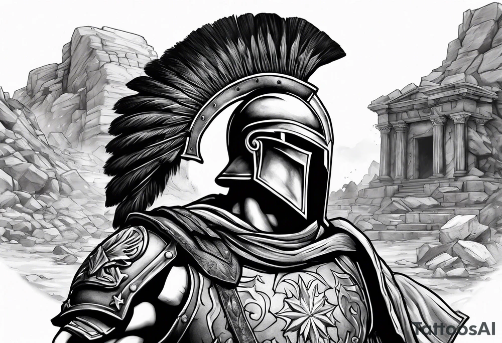 Spartan soldier looking left at burning ruins tattoo idea Spartan soldier looking left at burning ruins tattoo idea