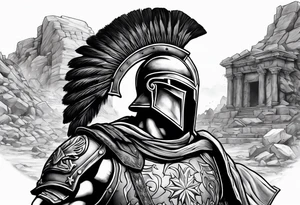Spartan soldier looking left at burning ruins tattoo idea