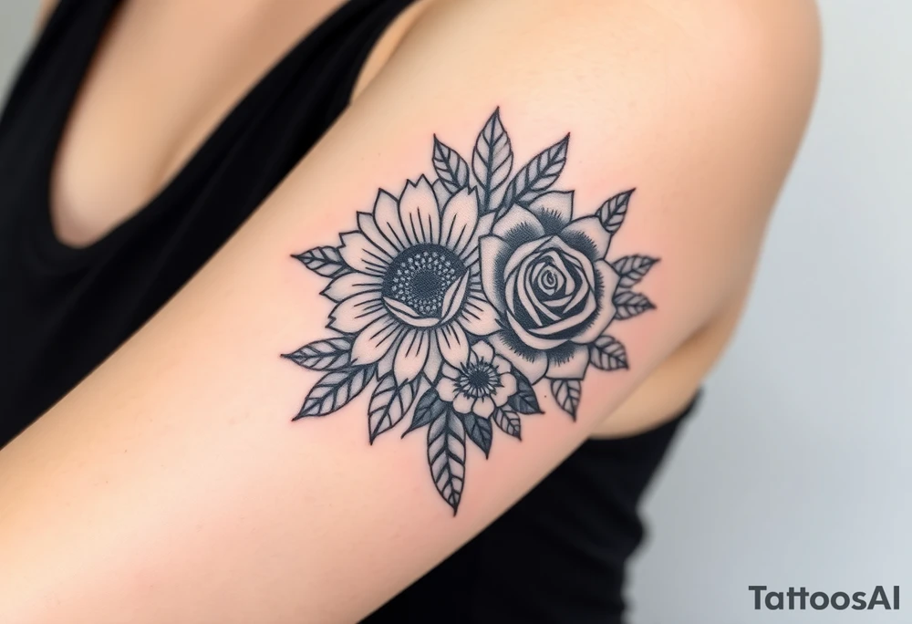 bouquet of 2 flowers, a sunflower and a rose surrounded by a lot greenery, leaves and smaller flower buds. tattoo idea