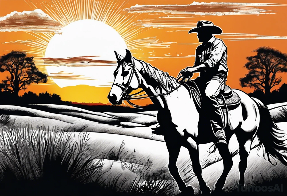 Cowboy on a horse riding in the sunset silhouette tattoo idea