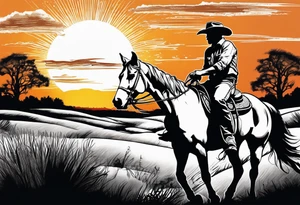 Cowboy on a horse riding in the sunset silhouette tattoo idea