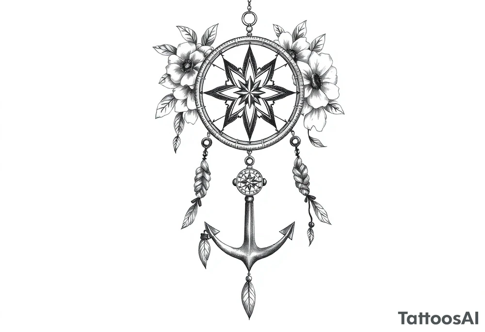 Boho dream catcher with compass and anchor Beautiful flowers and an ornamental chandelier like look tattoo idea