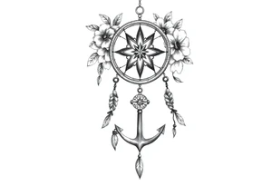 Boho dream catcher with compass and anchor Beautiful flowers and an ornamental chandelier like look tattoo idea