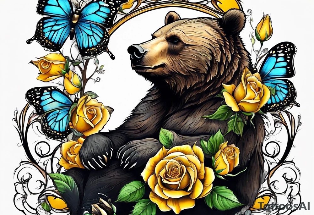 A bear sittng under the tree of life with three yellow roses, and three butterflies tattoo idea