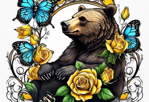 A bear sittng under the tree of life with three yellow roses, and three butterflies tattoo idea