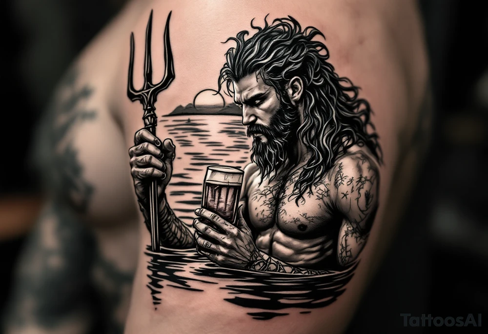 young, fit poseidon in calm water, holding a trident, drinking a beer, with sunset tattoo idea